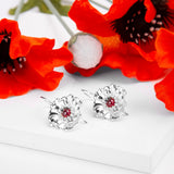 Poppy Flower Drop Earrings in Silver and Garnet
