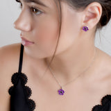 Hand-painted Purple Poppy Flower Necklace in Silver and Amber