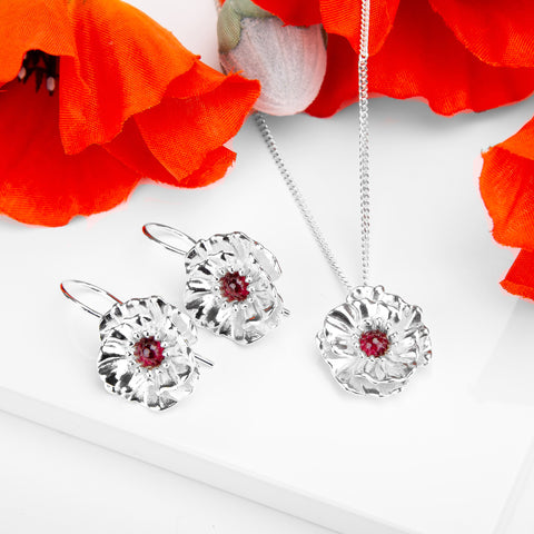 Poppy Flower Drop Earrings in Silver and Garnet