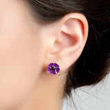Hand-Painted Purple Poppy Stud Earrings in Silver and Amber