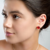 Hand-Painted Poppy Flower Stud Earrings in Silver and Amber