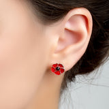 Hand-Painted Poppy Flower Stud Earrings in Silver and Amber