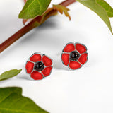 Hand-Painted Poppy Flower Stud Earrings in Silver and Amber