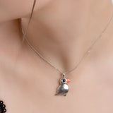 Small Puffin Bird Necklace in Silver and Amber