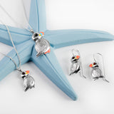 Puffin Bird Drop Earrings in Silver and Amber
