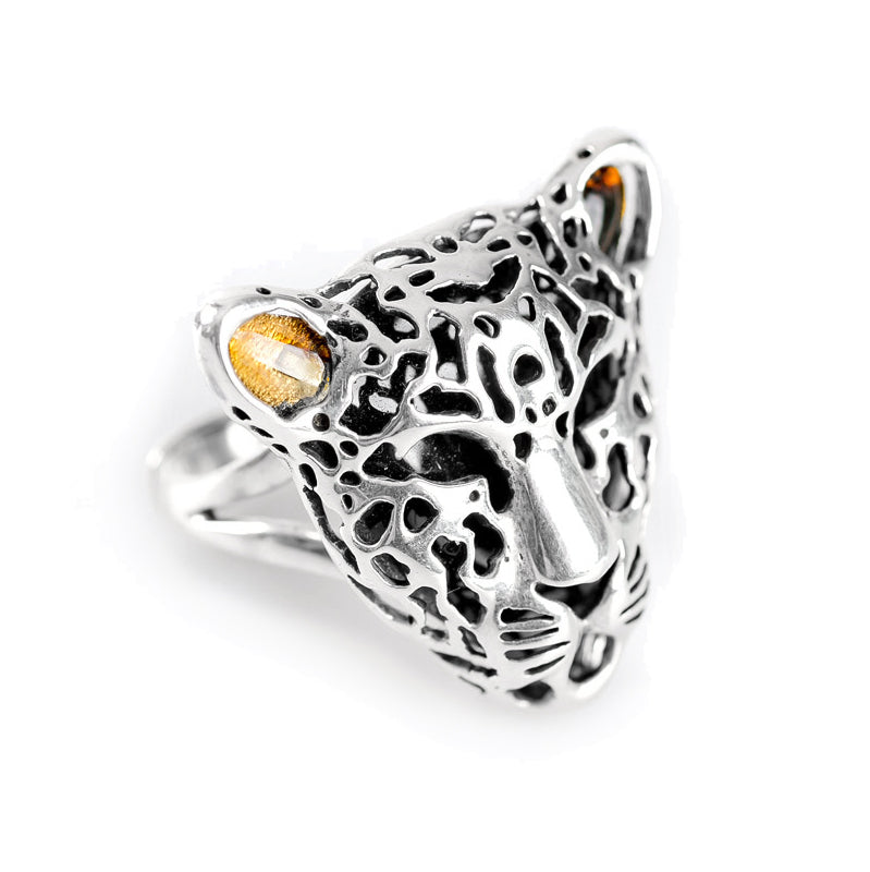 Magnificent Leopard Head Ring Amber