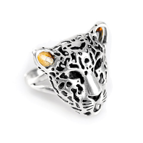 Magnificent Leopard Head Ring in Silver and Amber