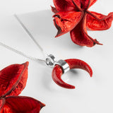Crescent Moon Necklace in Silver & Red Horn Coral