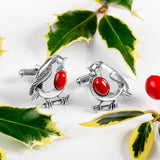 Robin Bird Cufflinks in Silver and Coral