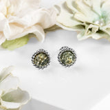 Rope Edge Stud Earrings in Silver and Green Amber