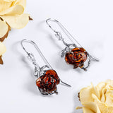 Single Stem Rose Drop Earrings in Silver and Amber