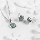 Small Round Stud Earrings in Silver and Labradorite