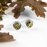 Small Round Stud Earrings in Silver and Green Amber