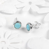 Small Round Stud Earrings in Silver and Larimar