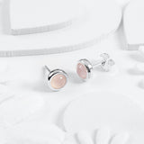 Small Round Stud Earrings in Silver and Rose Quartz