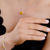 Round Charm Bead Ring in Silver and Yellow Amber