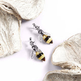 Hornet Bee Stud Drop Earrings in Silver and Amber