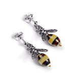 Hornet Bee Stud Drop Earrings in Silver and Amber