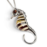 Large Striped Seahorse Necklace in Silver and Amber