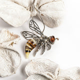 Large Hornet Bee Necklace in Silver and Amber