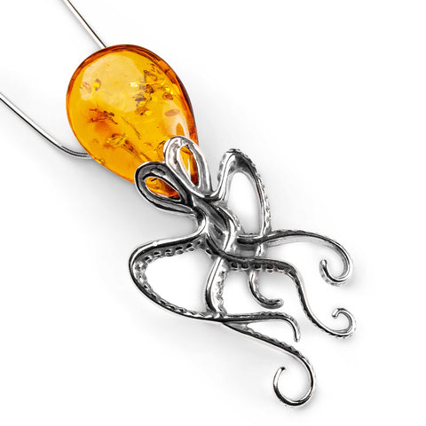 Large Octopus Necklace in Silver and Amber