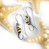 Striped Seahorse Drop Earrings in Silver and Amber