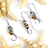 Striped Seahorse Drop Earrings in Silver and Amber
