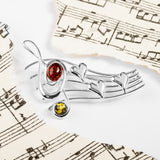 Music Sheet Song Brooch in Silver and Amber