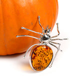 Handmade Large Spider Brooch in Silver and Amber