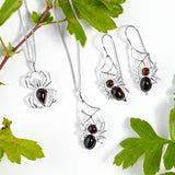 Spider on Web Hook Earrings in Silver and Cherry Amber
