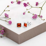 Square Stud Earrings in Silver and Cognac Amber