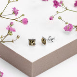 Square Stud Earrings in Silver and Green Amber