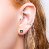 Square Stud Earrings in Silver and Green Amber