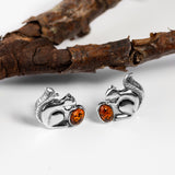 Squirrel Stud Earrings in Silver and Amber
