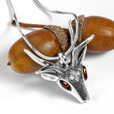 Large Stag Head Necklace in Silver and Amber