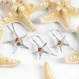 Starfish Hook Earrings in Silver and Amber