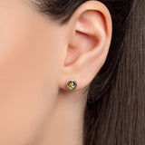 Small Round Stud Earrings in Silver and Green Amber