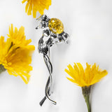 Half Sunflower Brooch in Silver and Yellow Amber