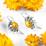 Ready to Bloom Sunflower Hook Earrings in Silver and Yellow Amber