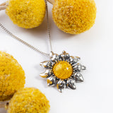 Blooming Sunflower Necklace in Silver and Yellow Amber