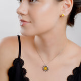 Blooming Sunflower Necklace in Silver and Yellow Amber