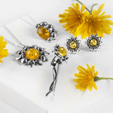 Ready to Bloom Sunflower Hook Earrings in Silver and Yellow Amber