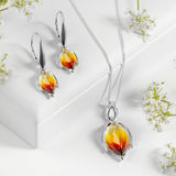 Sunset Amber Flower Bud Necklace in Silver and Amber