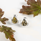 Classic Teardrop Stud Earrings in Silver and Green Amber