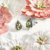 Classic Teardrop Stud Earrings in Silver and Green Amber