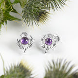 Scottish Thistle Studs Earrings in Silver and Amethyst