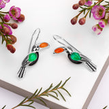 Toucan Bird Hook Earrings in Silver with Carnelian, Green Onyx & Black Onyx
