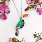 Toucan Bird Necklace in Silver with Carnelian, Green Onyx, & Black Onyx