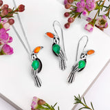 Toucan Bird Hook Earrings in Silver with Carnelian, Green Onyx & Black Onyx