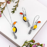 Toucan Bird Necklace in Silver with Carnelian, Yellow Onyx & Onyx